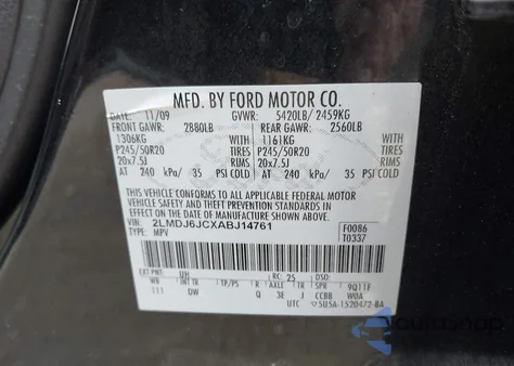 2010 Lincoln Mkx z USA, uszkodzony, nr VIN 2LMDJ6JCXABJ14761